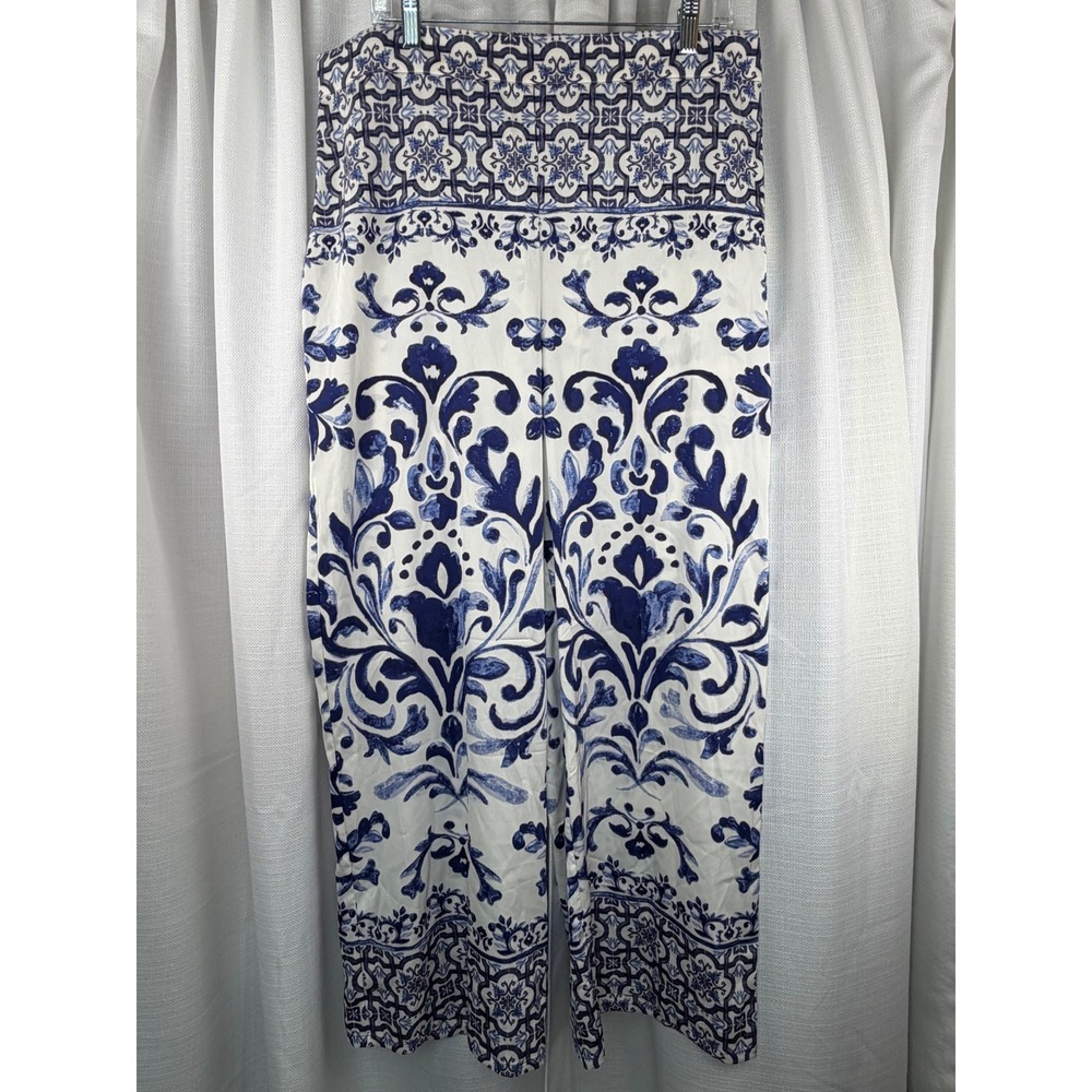 Rachel Zoe Blue White Tile Print Wide Leg Smocked Waist Pants Large